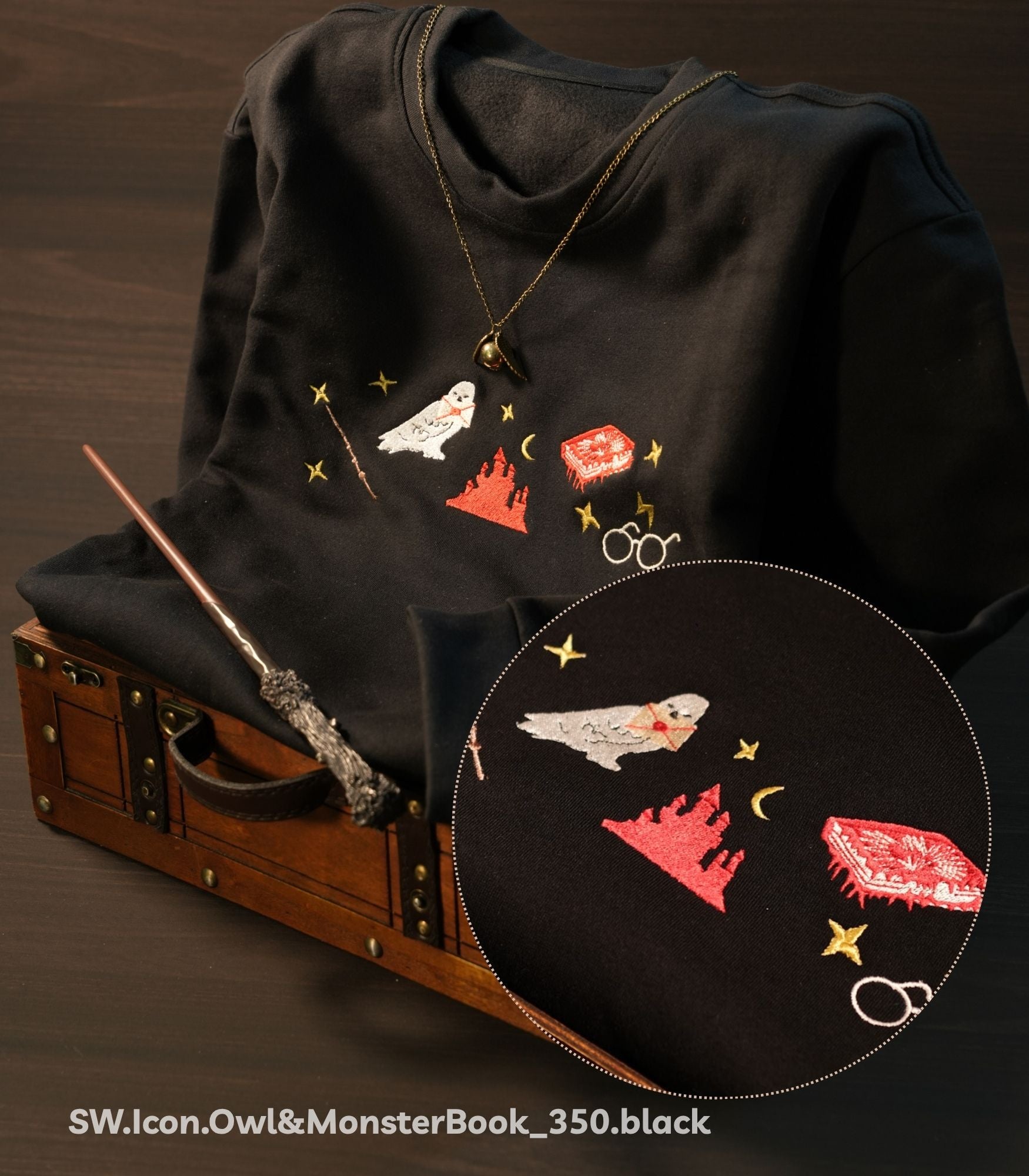 Bộ Quà Tặng Phép Thuật – sweater Owl & MonsterBook 3 món (Áo Đen + Đũa)
