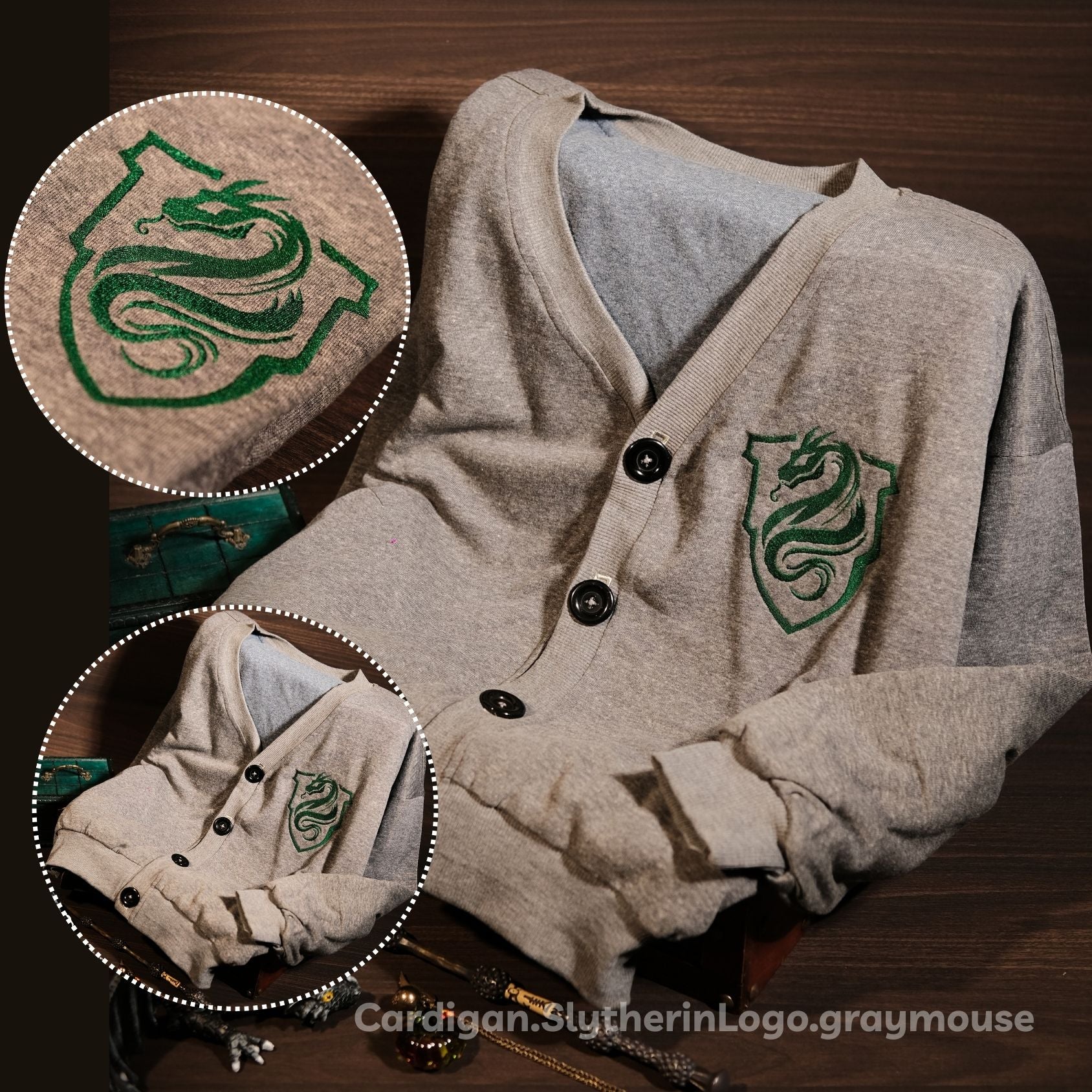 Áo cardigan nút cài xám chuột, biểu tương 4 nhà: Gryfindorr, Slytherine, Ravenclaw, Hufflepuff. Tặng hình thêu tên trên tay áo
