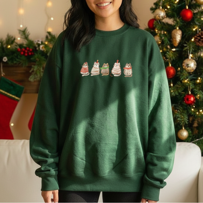 Áo sweater ngũ mèo Giáng Sinh, tặng hình thêu trên tay áo